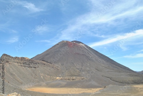 Vulcano with red crater on the Tangoriro Crossing tour, hiking in the mountains, blue sky, dry gravel land