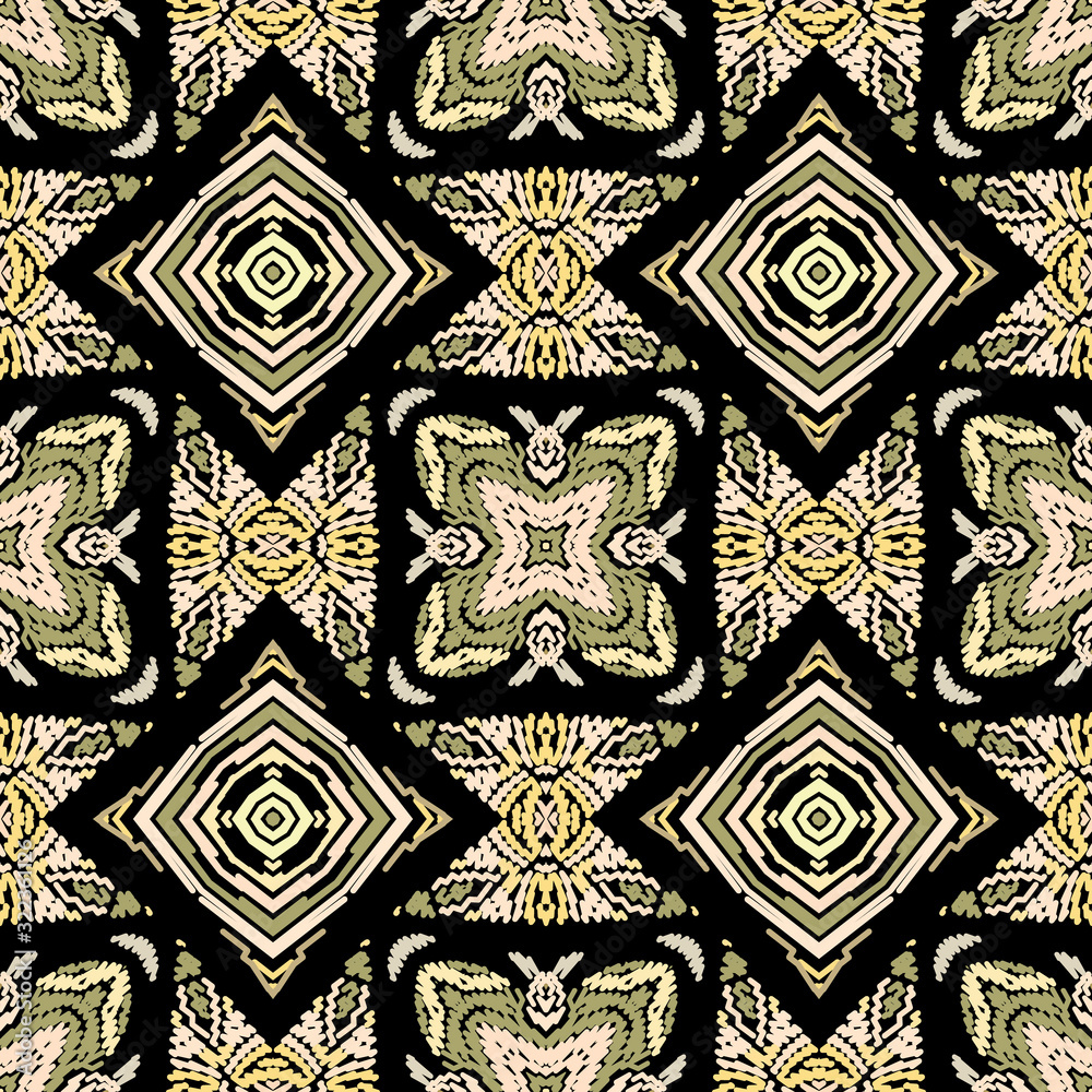 Textured zigzag lines vector seamless pattern. Tribal ethnic style carpet background. Repeat symmetrical tribal backdrop. Zig zag lines ornate tapestry ornaments. Geometric embroidery shapes, flowers