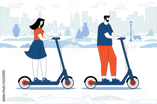 Vector city life People on scooters Eco transport