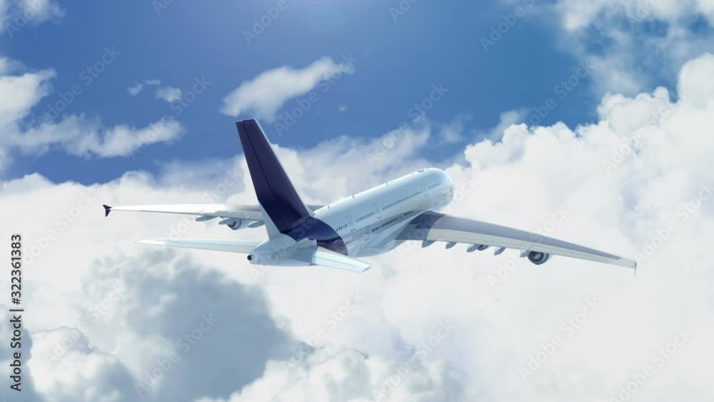 Aerial view of charter private jet flying above white clouds in a clear sunny day, camera chasing the plane from the right back side, 3d render