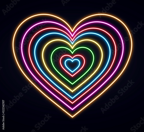 Colorful neon heart shape 3D Rendering  in Perspective Tunnel