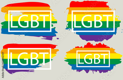 Lgbt+ gay rainbow flag set on the grunge watercolor splash. Gay and lesbian pride symbols. Sticker, patch, t-shirt print, logo design.