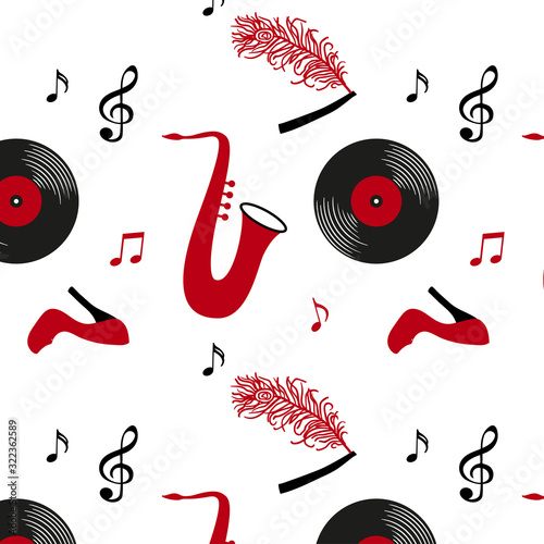 Seamless vector pattern of hand drawn black and red retro roaring 1920s objects