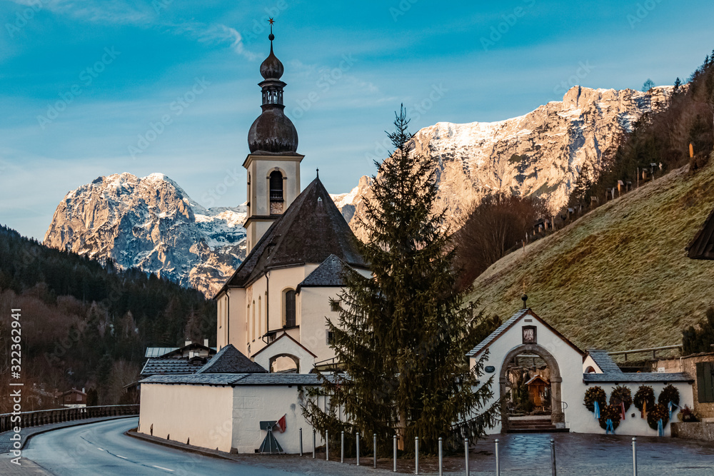 Beautiful church with mountains in the background at Ramsau, Berchtesgaden, Bavaria, Germany