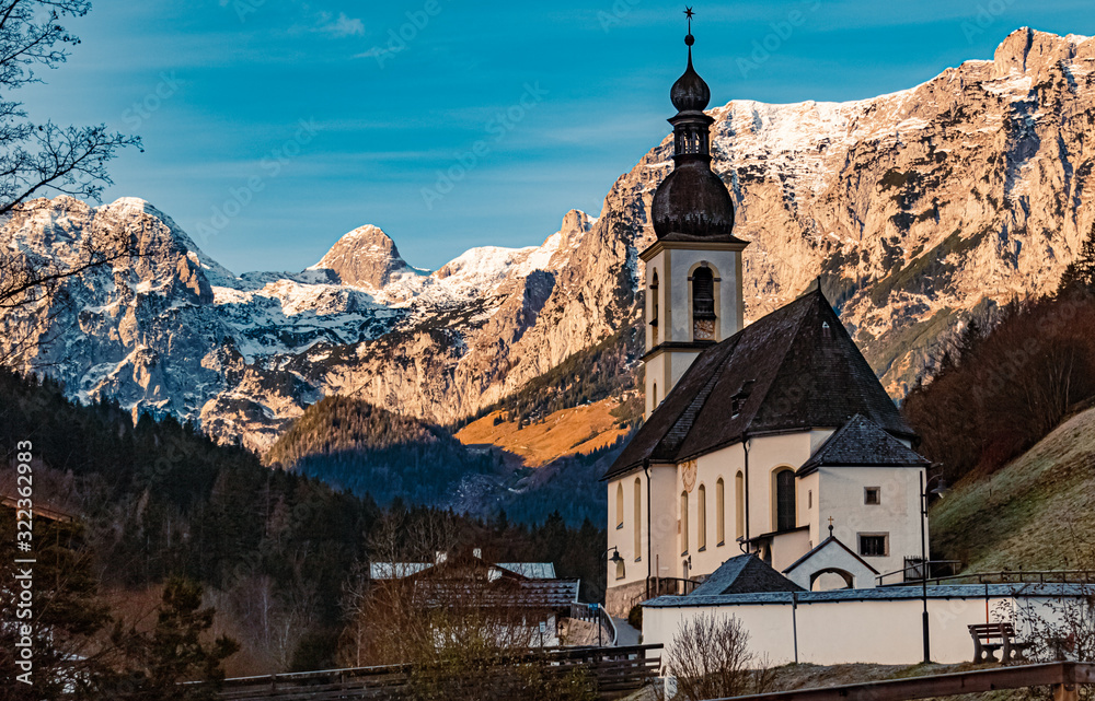 Beautiful church with mountains in the background at Ramsau, Berchtesgaden, Bavaria, Germany