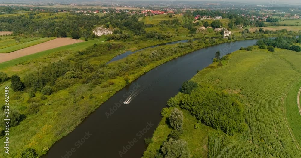 Aerial View of Motorboat swimming in river Aerial View of Motorboat swimming in river