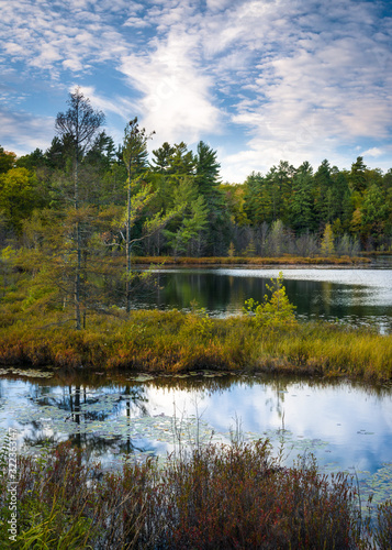 Fall color reflected in the calm surface of Little Carr Lake at sunrise. Northern Wisconsin, USA.