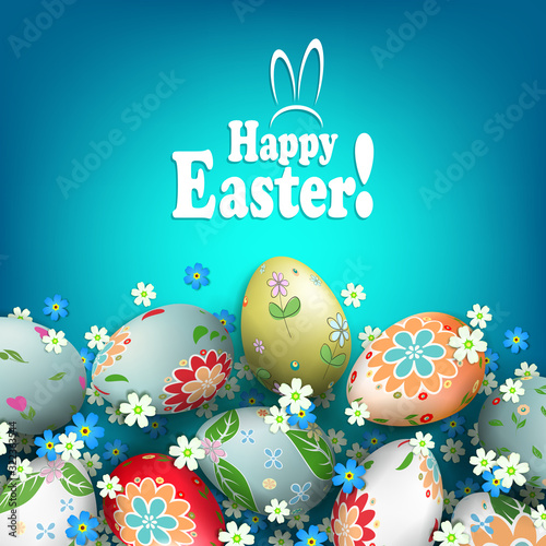 Easter blue composition with eggs with a beautiful different pattern and flowers