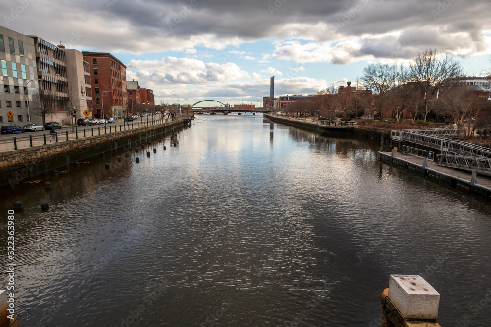 Providence, Rhode Island. Scenic view of a beautiful modern downtown city and Providence river.