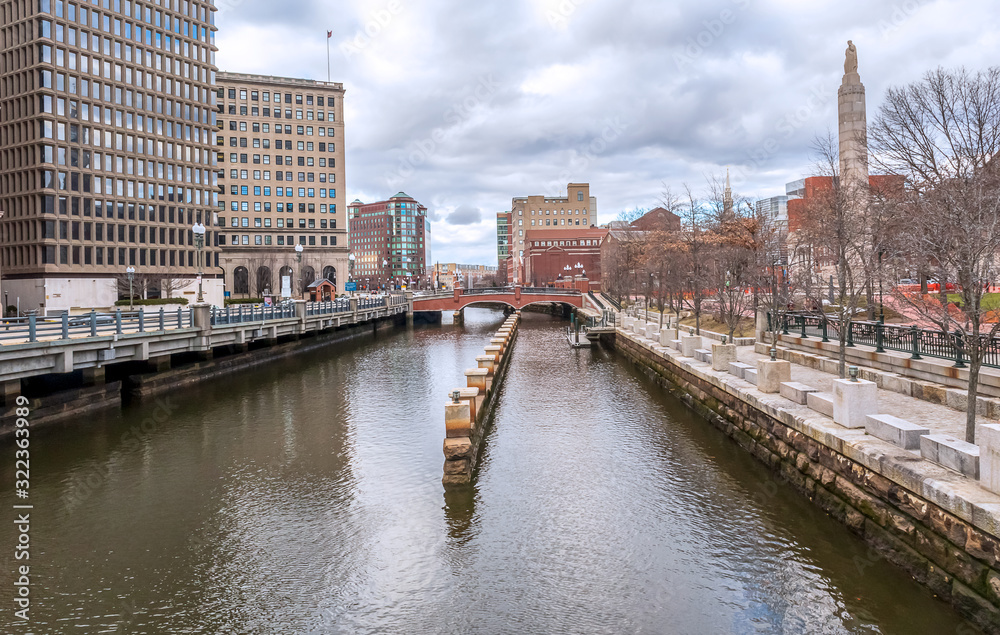 Providence, Rhode Island. Scenic view of a beautiful modern downtown city and Providence river.