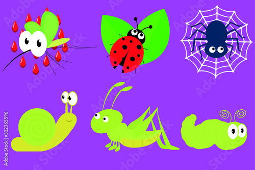 Kawaii Insect icon set. wasp, ladybug, spider, caterpillar, grasshopper, snail. Flat design. Vector