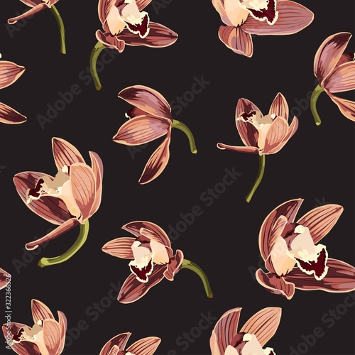 Watercolor style yellow, brown, bordo orchid flowers seamless pattern. Decorative background in rustic boho style for wedding invite, fabric.	