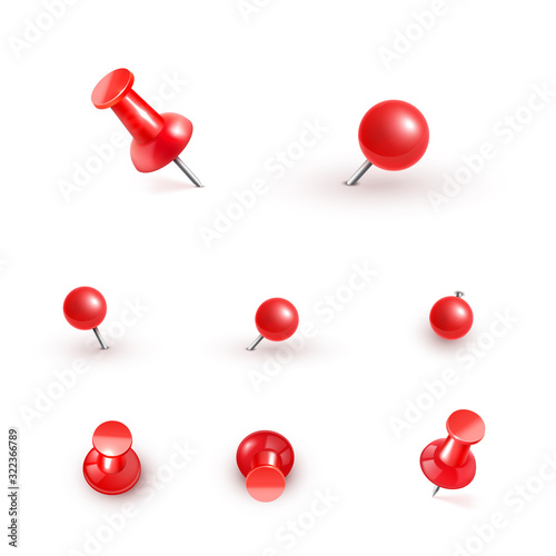 Realistic vector plastic glossy red push pins at various angles set needle.