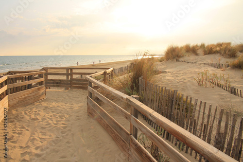 Natural and wild beach with a beautiful and vast area of dunes, Camargue region in the South of Montpellier, France