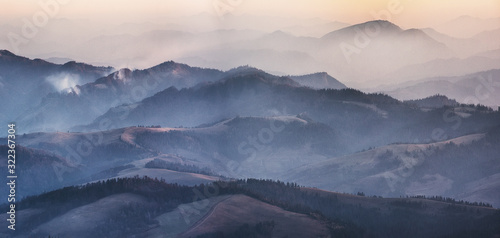 fog in the mountains. scenic sunrise in the Carpathian mountains