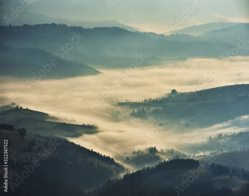 fog in the mountains. scenic sunrise in the Carpathian mountains
