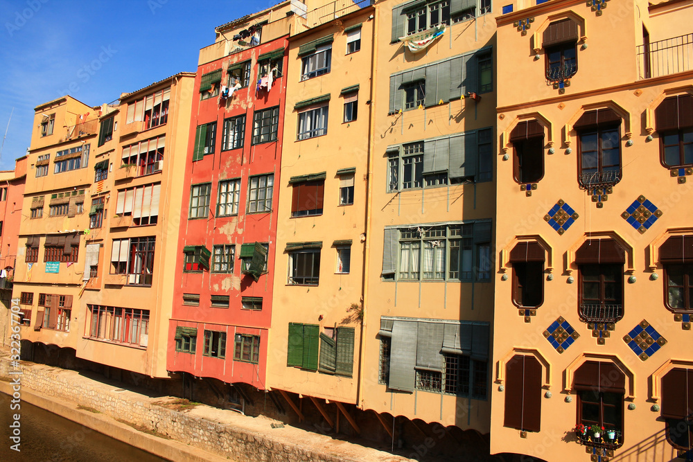 The amazing colorful houses along the river Onyar in the gorgeous city of Girona, Catalonia, Spain.