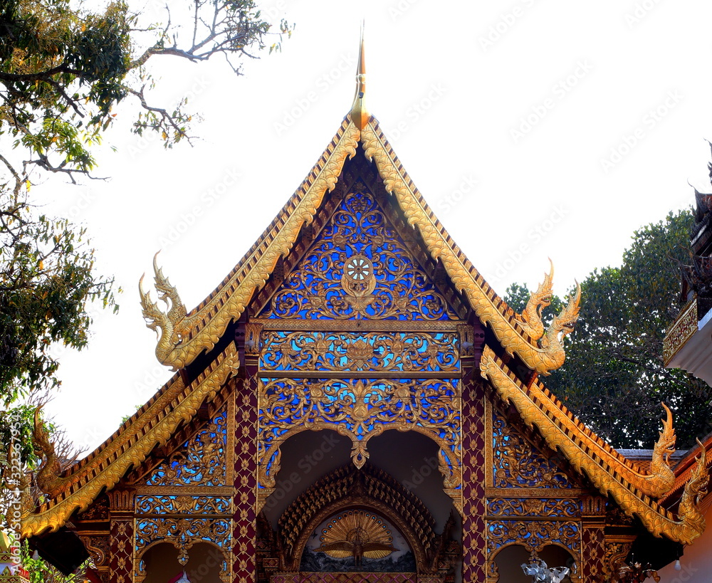 Beautifully decorated facade of Wat Phrathat Doi Southep in Chiangmai Thailand with many Buddha Statues