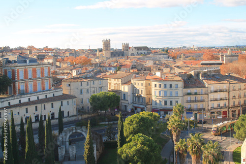 Beautiful aerial view over the historic center and St. Peter's Cathedral in Montpellier, city in southern France and capital of the Herault department