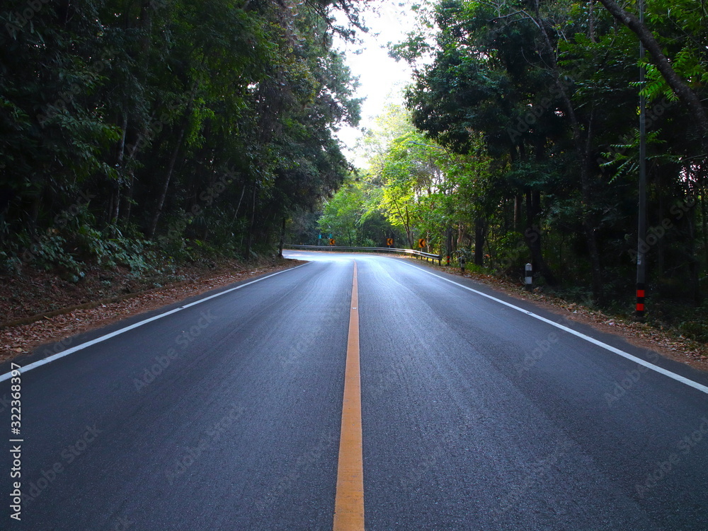 Empty Road with an endless yellow line in the mountains of Chiangmai Thailand surrounded by dense forests