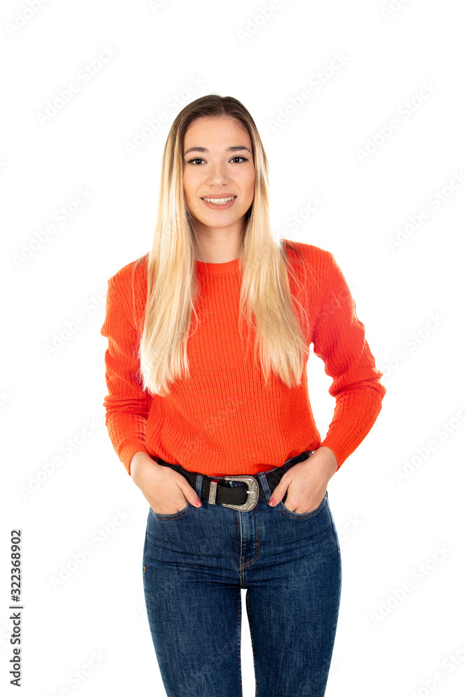 Obraz premium Pretty blonde woman with red jersey