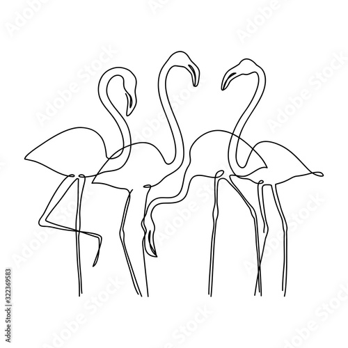 Four flamingos are drawn in a black, thin, continuous line.
