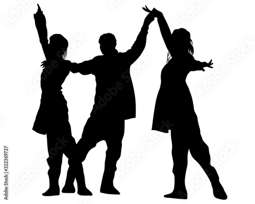 Artists on stage dance and raise their hands up. Isolated silhouettes on a white background