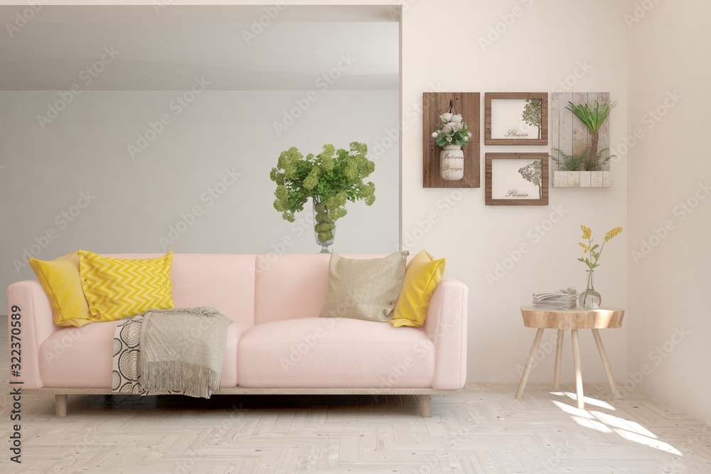 Fototapeta premium Stylish room in white color with sofa. Scandinavian interior design. 3D illustration