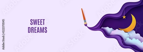 Night sky in paper cut style. Cut out 3d background with violet and blue gradient cloudy landscape with star on rope and moon papercut art. Vector flyer with paintbrush draw and origami clouds.
