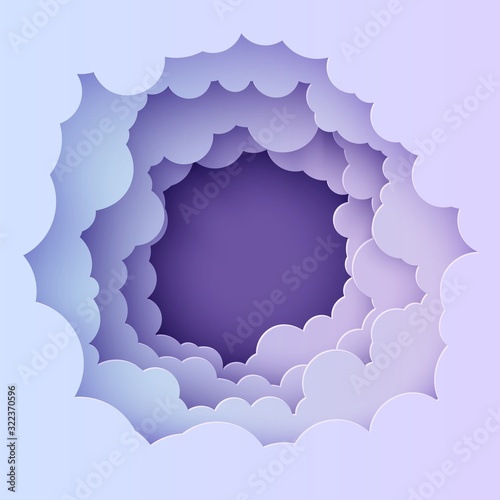 Night sky clouds round frame in paper cut style. Cut out 3d background with violet and blue gradient cloudy landscape papercut art. Cute vector illustration for wish good night sweet dreams