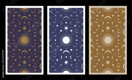 Back of Tarot card decorated with stars, sun and moon. Esoteric background