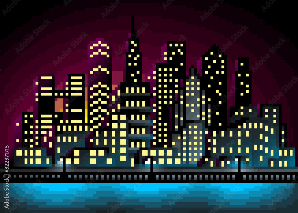 Pixel art city landscape vector illustration. Cityscape at night wallpaper.  Stock Vector | Adobe Stock