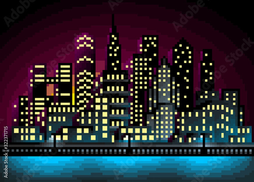 Pixel art city landscape vector illustration. Cityscape at night wallpaper.