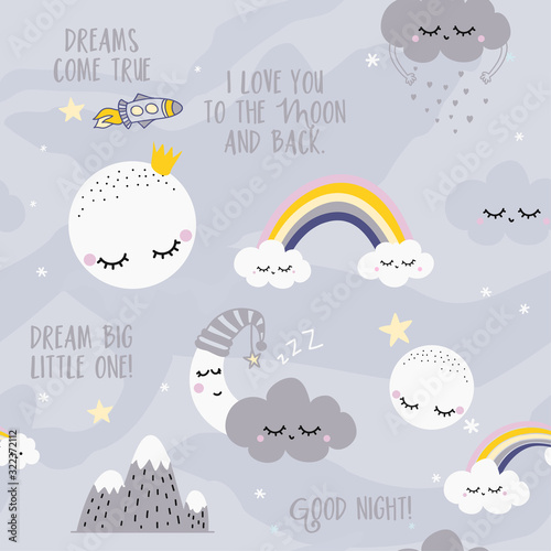 Clouds sky night scene pattern design for kids nursery - funny hand drawn doodle, seamless pattern. Moon, full moon, stars, princess, rainbow, clouds, rain, mountain, spaceship. Drream big little one.