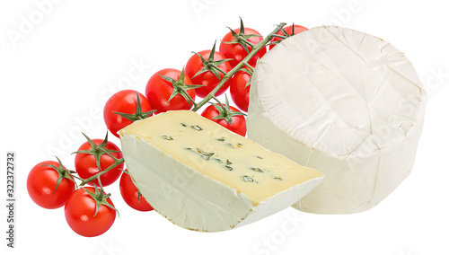 White mould cheese with tomato isolated on white background with clipping path photo