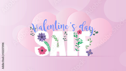Valentine's day sale pink banner. Pink hearts, lettering and flowers. Good to accompany sales and discounts on Valentine's Day. Vector illustration