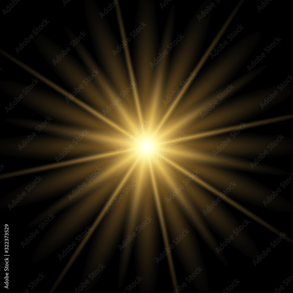 Shining vector golden sun with light effects. Flares and gleams rounded and hexagonal shapes, rainbow halo. Shining vector golden sun with light effects. Flares and gleams rounded and hexagonal shapes, rainbow halo.