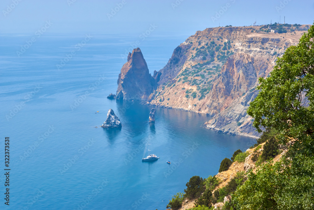Sea bay from the height of overhanging cliffs. Nature reserve on the Black Sea. Cape Fiolent, Crimea Peninsula