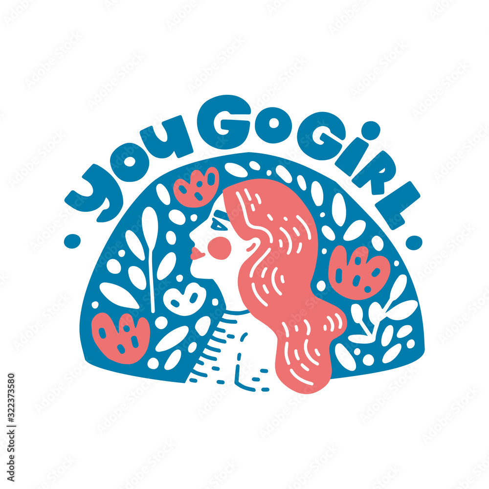 Naklejka premium Vector hand drawn illustration. Girl and feminism quote. You go girl lettering. Colourful artwork, simple icon.