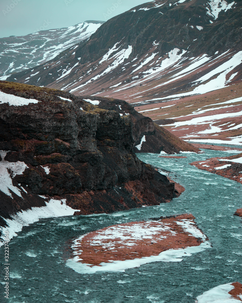 Amazing Turquoise River Curves Near Thorufoss Waterfall, Iceland Amazing Turquoise River Curves Near Thorufoss Waterfall, Iceland