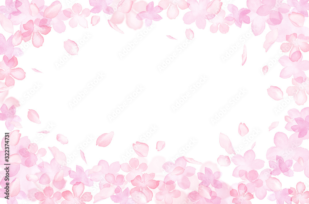 桜のシルエットと散る花びらの囲みフレーム　水彩イラスト