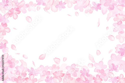 桜のシルエットと散る花びらの囲みフレーム　水彩イラスト © Keiko Takamatsu