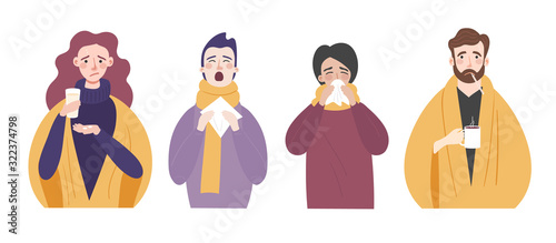 Set of people with cold or flu. Characters with runny nose, cough, fever and sneezing are isolated on a light background. Vector flat cartoon illustration photo