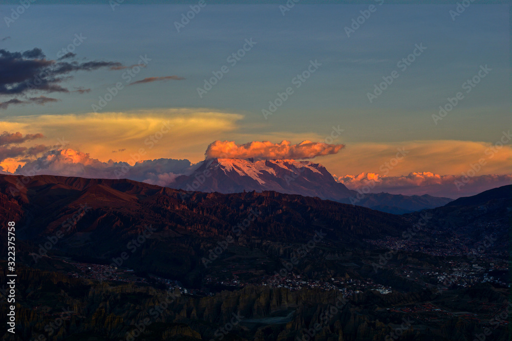 A sunset in the city of La Paz with the view of the majestic Illimani