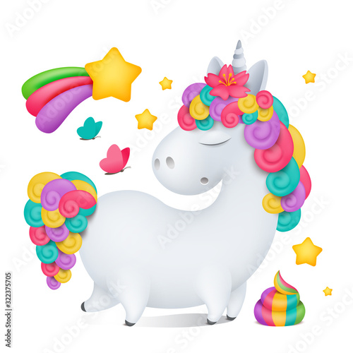 Cute cartoon going unicorn character. Rainbow poop.