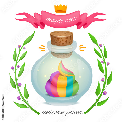 Rainbow unicorn poop inside magic bottle with floral frame