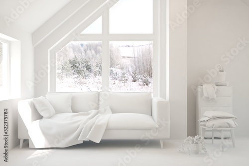 Mock up of stylish room in white color with sofa and winter landscape in window. Scandinavian interior design. 3D illustration