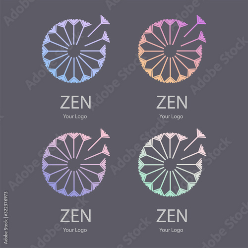 Vector trendy transparent set of icon and logo on a dark black background of blowing dandelion seeds flower for spa massage studio, cosmetics, fashion. Template for business brand