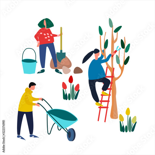 People doing spring gardening works. Pruning trees, planting seedling, clearing. Set of vector illustrations in flat style