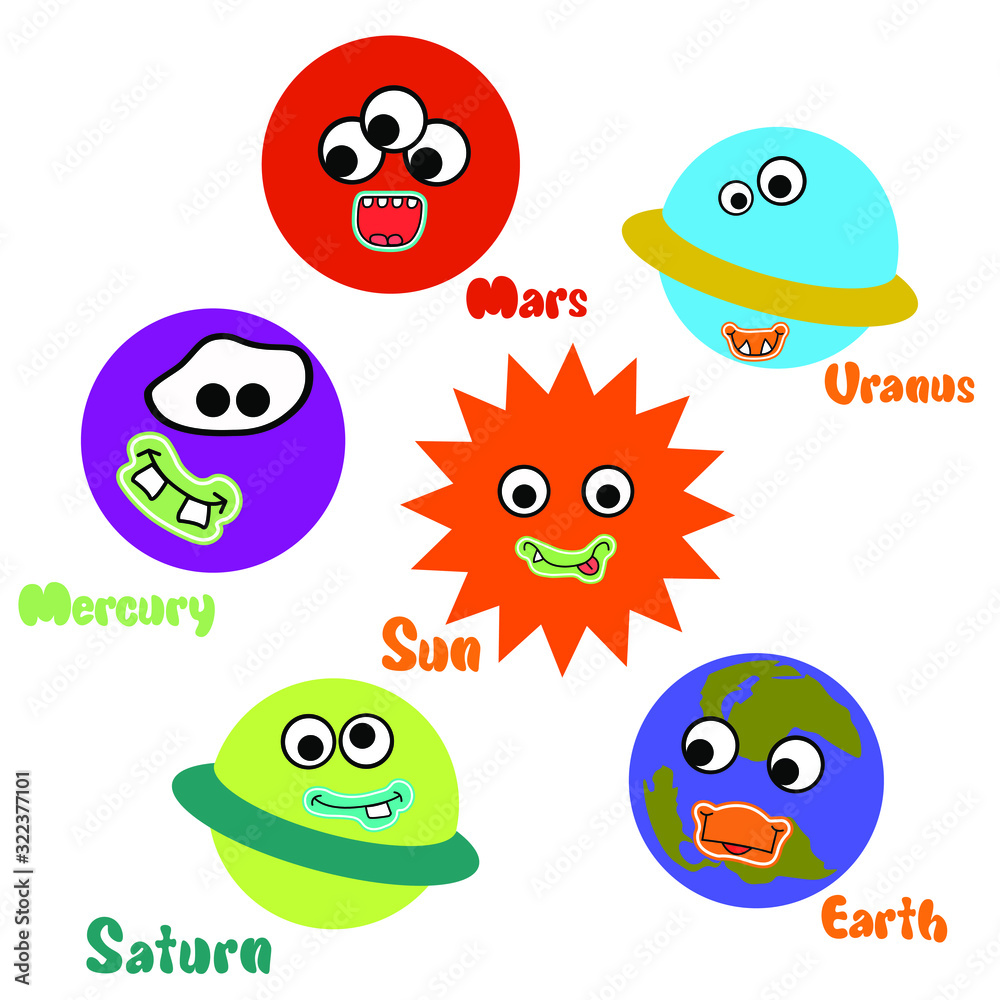 Kids Set of planets with funny faces. Cartoon style. white background, isolation. Stock illustration. Educational and game manual. Suitable for the design of children's clothing, boxes for toys. Kids Set of planets with funny faces. Cartoon style. white background, isolation. Stock illustration. Educational and game manual. Suitable for the design of children's clothing, boxes for toys.